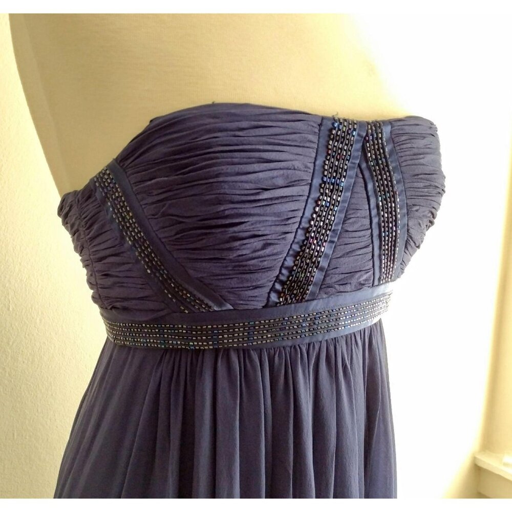 BCBG Max Azaria 100% Silk Beaded Gown 8 Strapless Prom Dress Navy Blue Grecian - Picture 3 of 11